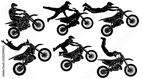 Tableau sur toile Motorcycle Stunts and Jumps Silhouettes Isolated on White Background, collection