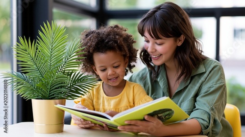 Young woman teaching child reading storytelling time