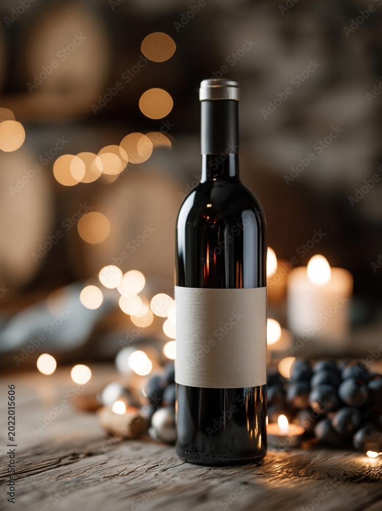 Obraz premium Elegant dark wine bottle with blank label on rustic wooden table, surrounded by soft bokeh lights and grapes, perfect for celebrations