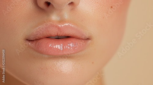 Close up of human lips covered in clear, high shine lip gloss against a soft background