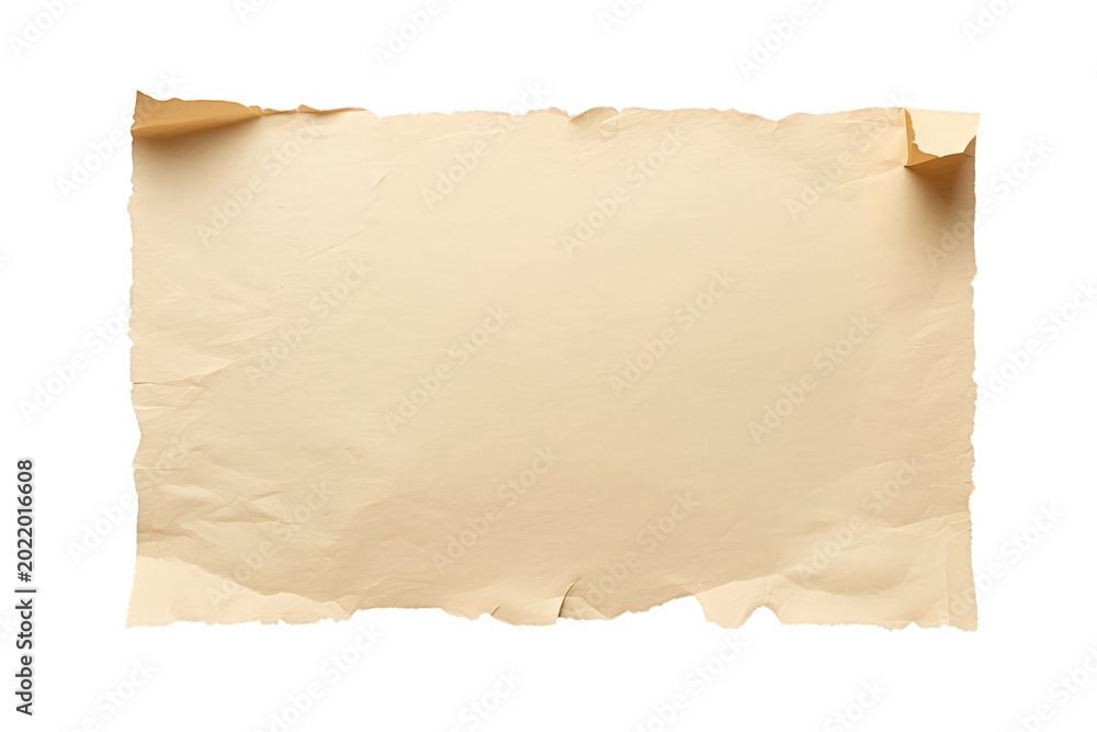 Fototapeta premium Old paper sheet with torn edges and crumpled texture, a vintage design element for background or message, transparent background