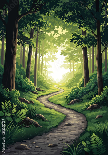 Schilderij op canvas Enchanting Forest Path Through Lush Green Trees and Sunlight, A Beautiful Vector
