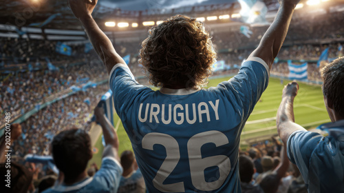 a rear view of a Uruguay soccer fan celebrating with other fans in a stadium