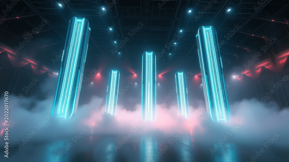 Fototapeta premium Futuristic scene. Glowing pillars rise from fog. Dark industrial interior with red lights. Dramatic lighting creates intense atmosphere.