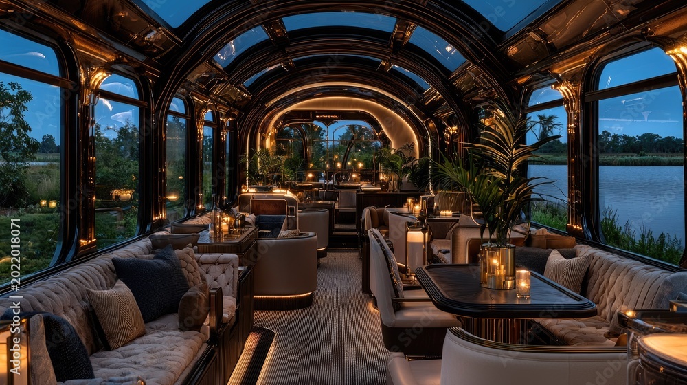 Fototapeta premium Luxurious observation car interior offers panoramic views of the landscape at twilight