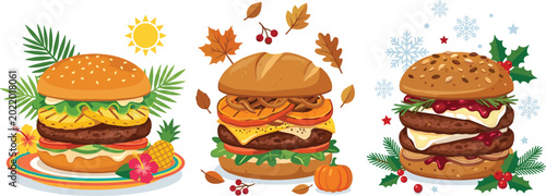 Foto Seasonal hamburger menu concept vector illustration featuring tropical summer pi