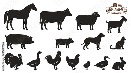Farm animals collection with black silhouettes on white background