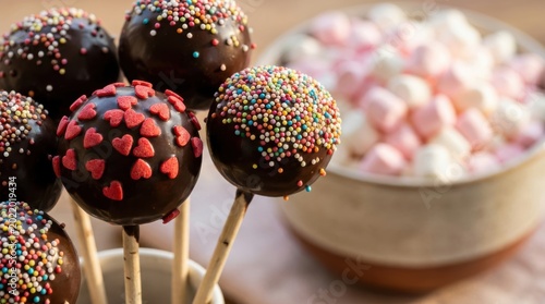 Delicious chocolate cake pops with colorful sprinkles and heartshaped sugar decorations