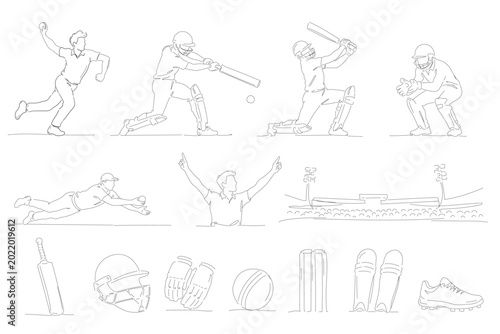 Cricket Players Stadium and Equipment Minimal One Line Illustration Collection