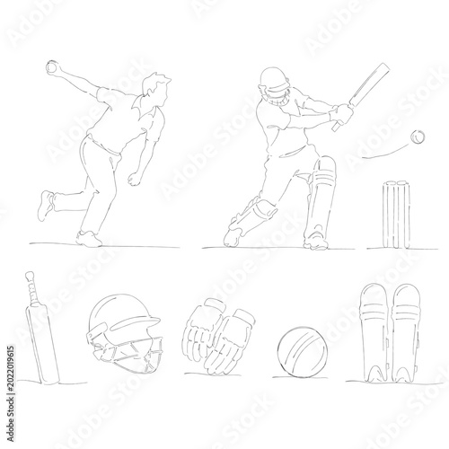 Minimal Cricket Line Art Set with Players and Sports Equipment