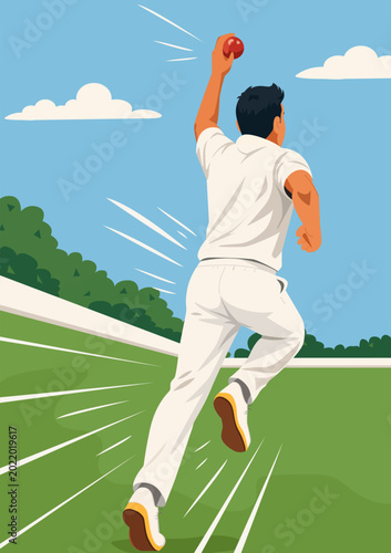 Cricket Bowler Running and Throwing Ball Flat Vector Illustration
