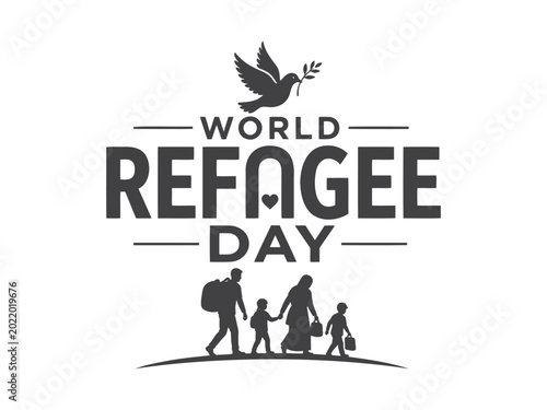 Photos World refugee day logo with dove and family silhouette on white background