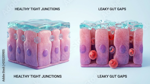 Healthy gut vs inflamed gut shows healthy tight junctions compared to leaky gut gaps causing ibs and leaky gut symptoms in digestive health illustration