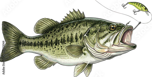 Photos Detailed Largemouth Bass Fish Illustration with Fishing Lure and Freshwater Spor