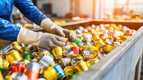 Person sorting crushed aluminum cans in an industrial recycling plant