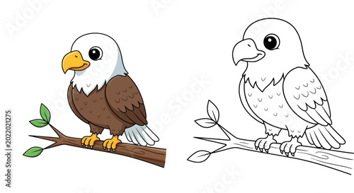 Schilderij op canvas Cute Bald Eagle on Branch coloring page