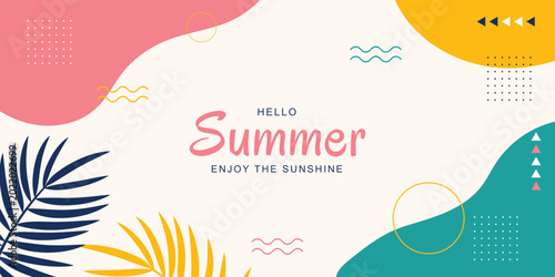 Tropical summer doodle vector banner with text space. Abstract colorful vector background for poster  invitation and cover with tropical leaves  abstract shapes and textures.