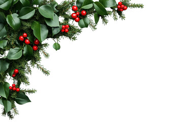 Christmas winter holiday corner border with evergreen branches, festive holly leaves and red berries on transparent background