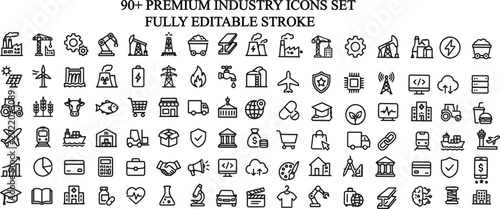Premium Industry Icons Set – Professional Industrial & Manufacturing Vector Collection.Perfect for manufacturing, engineering, construction, factory, automation, logistics, web.and business projects. 