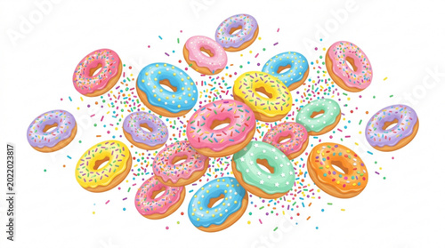 Foto Colorful donuts with sprinkles flying in air sweet treats scattered on white bac