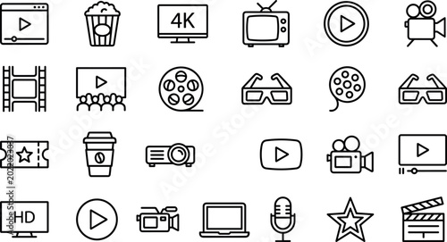 Obraz na plátně Cinema and multimedia outline vector icon collection featuring video streaming p
