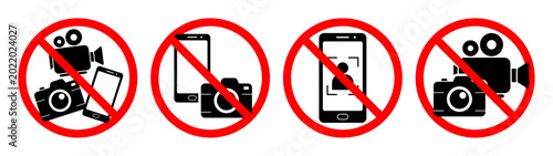 No camera, photo, video, mobile phone and smartphone prohibition sign set. Photography and recording ban symbols for security, privacy and restricted areas, Vector illustration