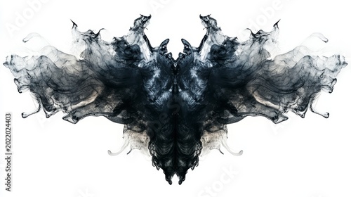 Abstract dark gray smoke forming symmetrical bat-like shape on white background.