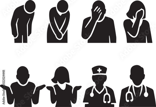 Cuadro en lienzo Comprehensive Set of Vector Icons Featuring Human Body Language Gestures Like Apology Bow, Facepalm Frustration, Shrug Uncertainty, and Medical Professional Nurse and Doctor Silhouettes