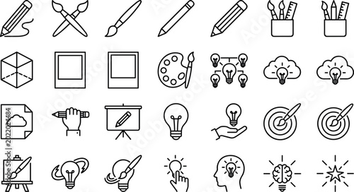 Creative design and art outline vector icon set featuring pencils brushes lightbulbs palettes targets innovation and artistic workflow symbols