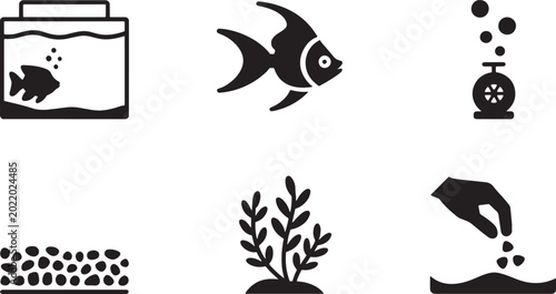 Aquarium fish tank fish gravel plant feeder pump icons set in solid style on white background