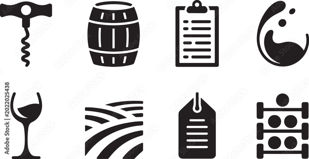 Fototapeta premium Modern wine vineyard barrel glass corkscrew bottles icons set in solid style on white with wine