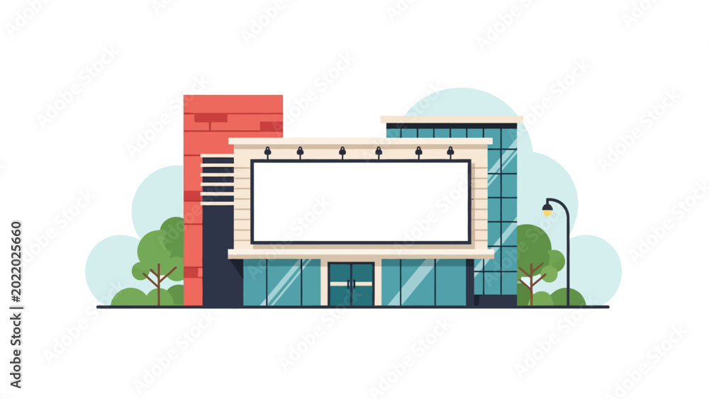 Naklejka premium Modern Storefront Illustration with Large Blank Billboard Mockup - Flat Vector Commercial Building Exterior for Retail or Office Branding