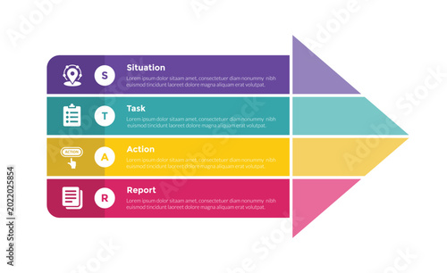 star method technique infographics template diagram with big arrow joined combination with 4 point step design for slide presentation