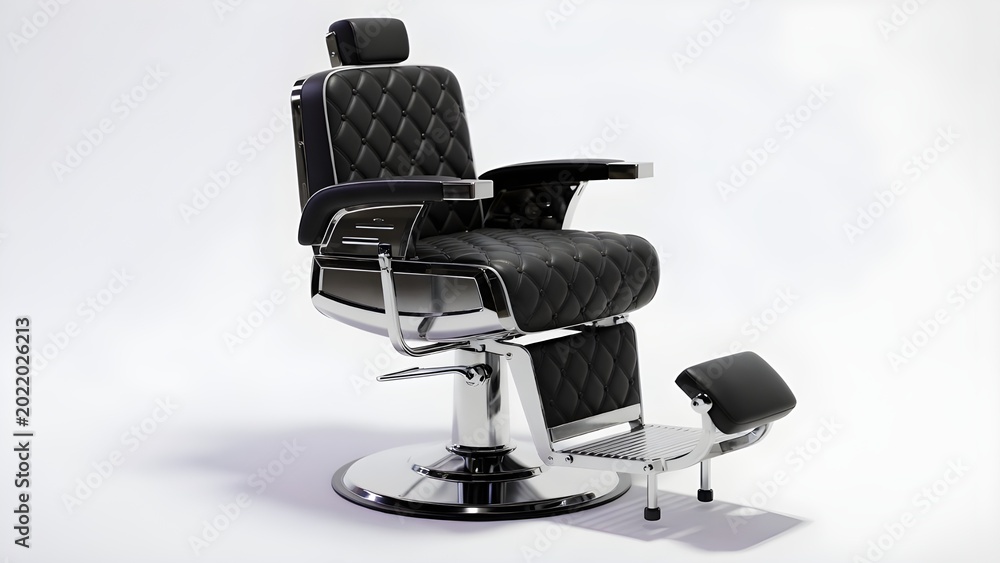 Fototapeta premium Vintage barber chair with black quilted leather upholstery, professional chrome salon furniture, classic hairdressing equipment on white background
