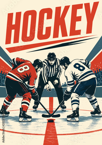 084-28-Hockey players and referee performing a face-off in retro style art