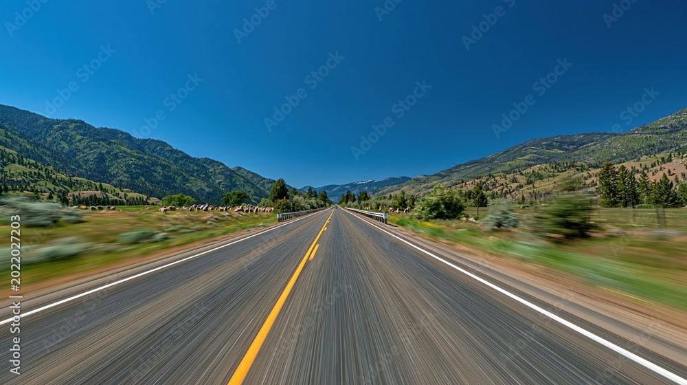Obraz premium Vast Empty Highway Through Green Mountains Under a Clear Blue Sky