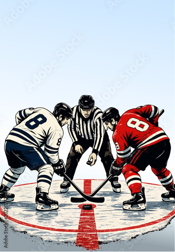 Canvas Print 084-31-Players and referee poised for the puck drop in an ice hockey face-off