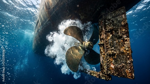 Underwater ship propeller actively propelling global cargo transport, illustrating marine engineering, powerful propulsion, and advanced shipping technology through deep blue ocean.