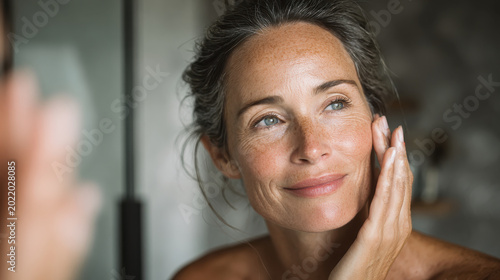 Midlife woman caring for her skin with moisturizer during menopause and embracing healthy aging