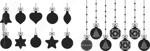 Foto Black silhouette Christmas ornaments with bows and patterns, festive holiday dec
