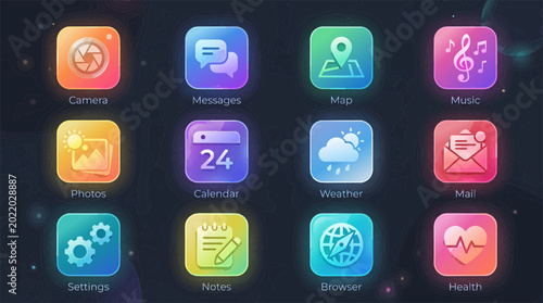 Colorful app icons, mobile interface elements, vibrant software symbols, UI buttons