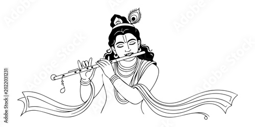 Photos Lord Krishna Playing Flute Continuous One Line Drawing Hindu God Vector Illustration, Elegant Line Art Drawing of Krishna Playing a Flute, Lord krishna playing the flute minimalist style concept