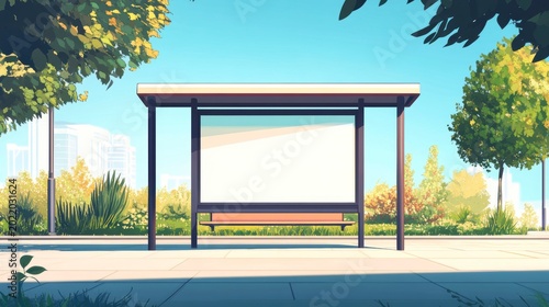 Empty bus stop with blank billboard in a city park on a sunny day.