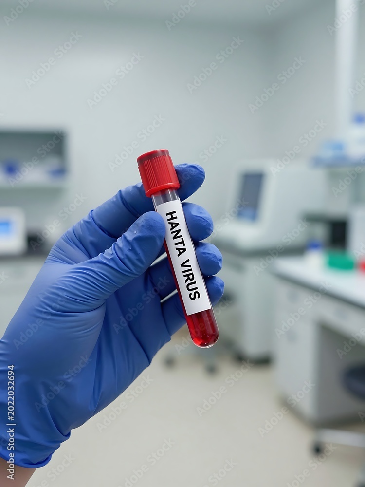 Obraz premium Doctor Holding Positive Hantavirus Blood Sample Tube in Modern Clinical Laboratory for Viral Infection Diagnostics, Epidemiology Research and Advanced Healthcare Analysis Concept