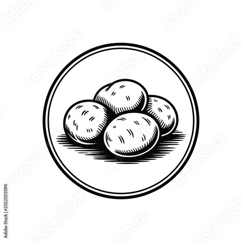 Hand drawn organic potatoes in circular frame sketch