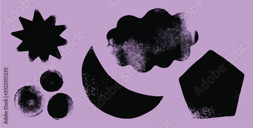 Hand drawn grunge linocut long shapes and bold stripes set. Vector old graphic dark imprints. Monotype printmaking effect texture on light purple bg. Distressed damaged edges vertical shapes set