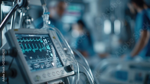 Close up of a modern ICU monitor displaying patient vital signs and heart rate with blurred medical staff in the background