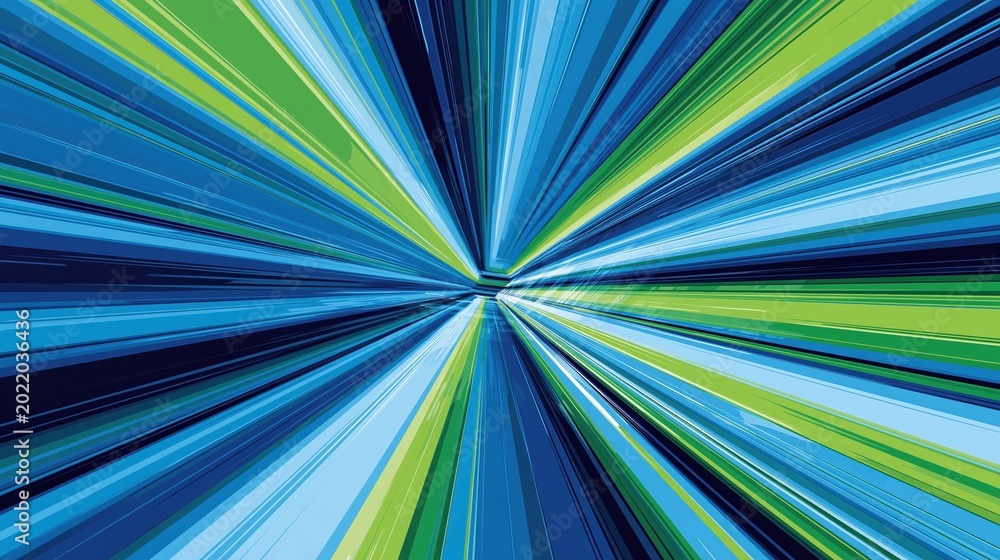 Fototapeta premium Abstract burst of vibrant blue and green lines radiating from a central point, representing speed, technology, and energy