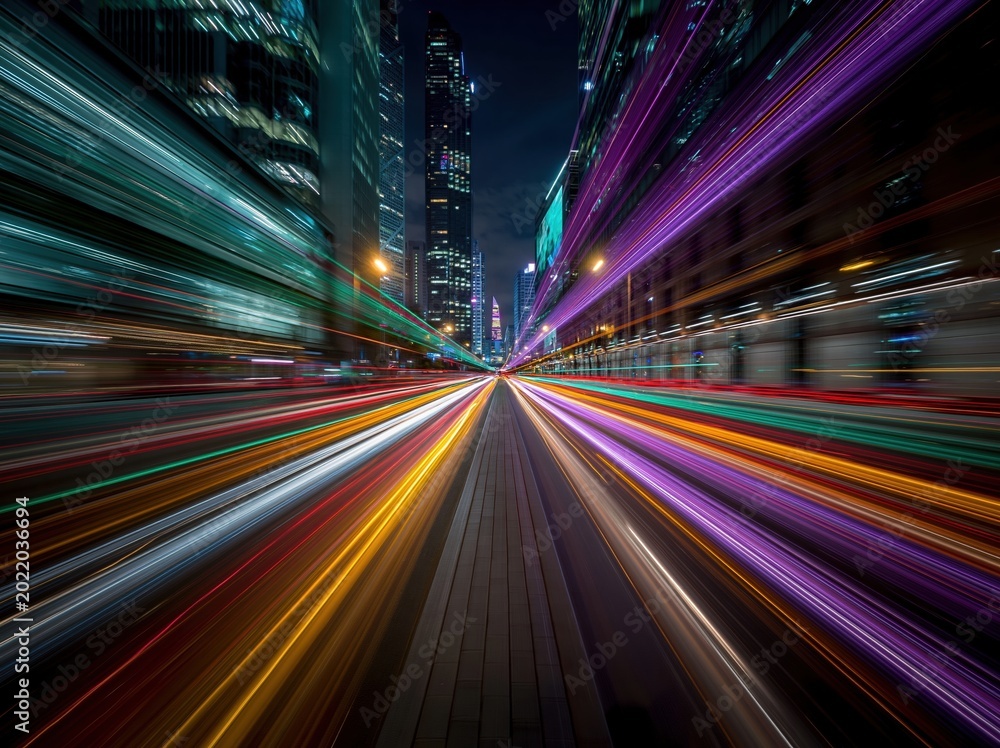 Obraz premium Vibrant streaks of light from car trails illuminate a futuristic, blurred cityscape at night