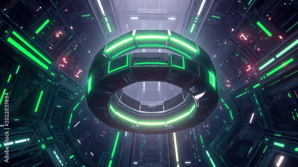 Fototapeta premium Futuristic tunnel interior. Bright neon lights illuminate complex geometric structures. Dark background emphasizes glowing green, purple details.